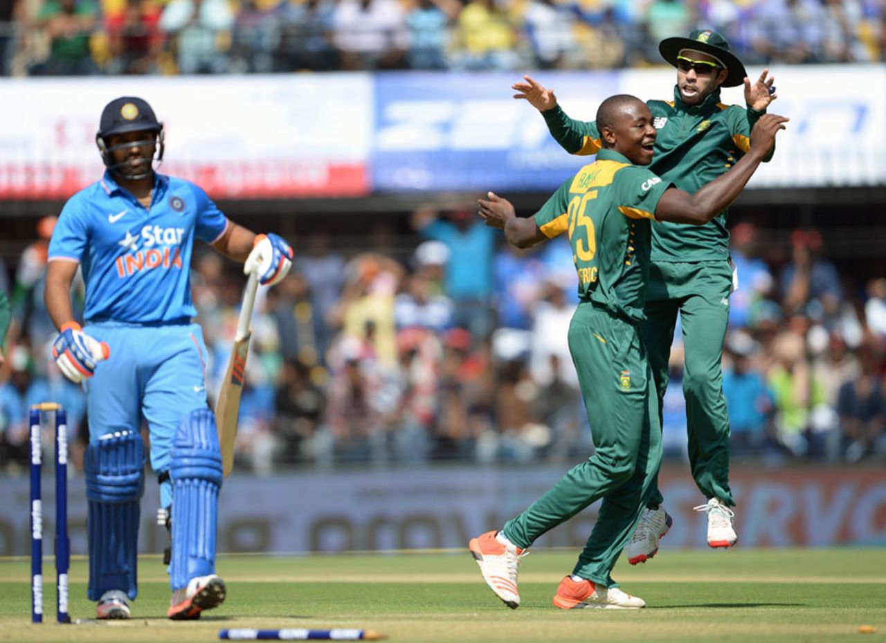 Kagiso Rabada is ecstatic after picking up the wicket of Rohit Sharma, India v South Africa, 2nd ODI, Indore, October 14, 2015
