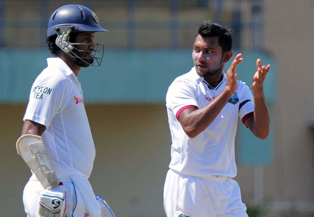 Devendra Bishoo celebrates the exit of Lahiru Thirimanne, Sri Lanka v West Indies, 1st Test, Galle, 1st day, October 14, 2015
