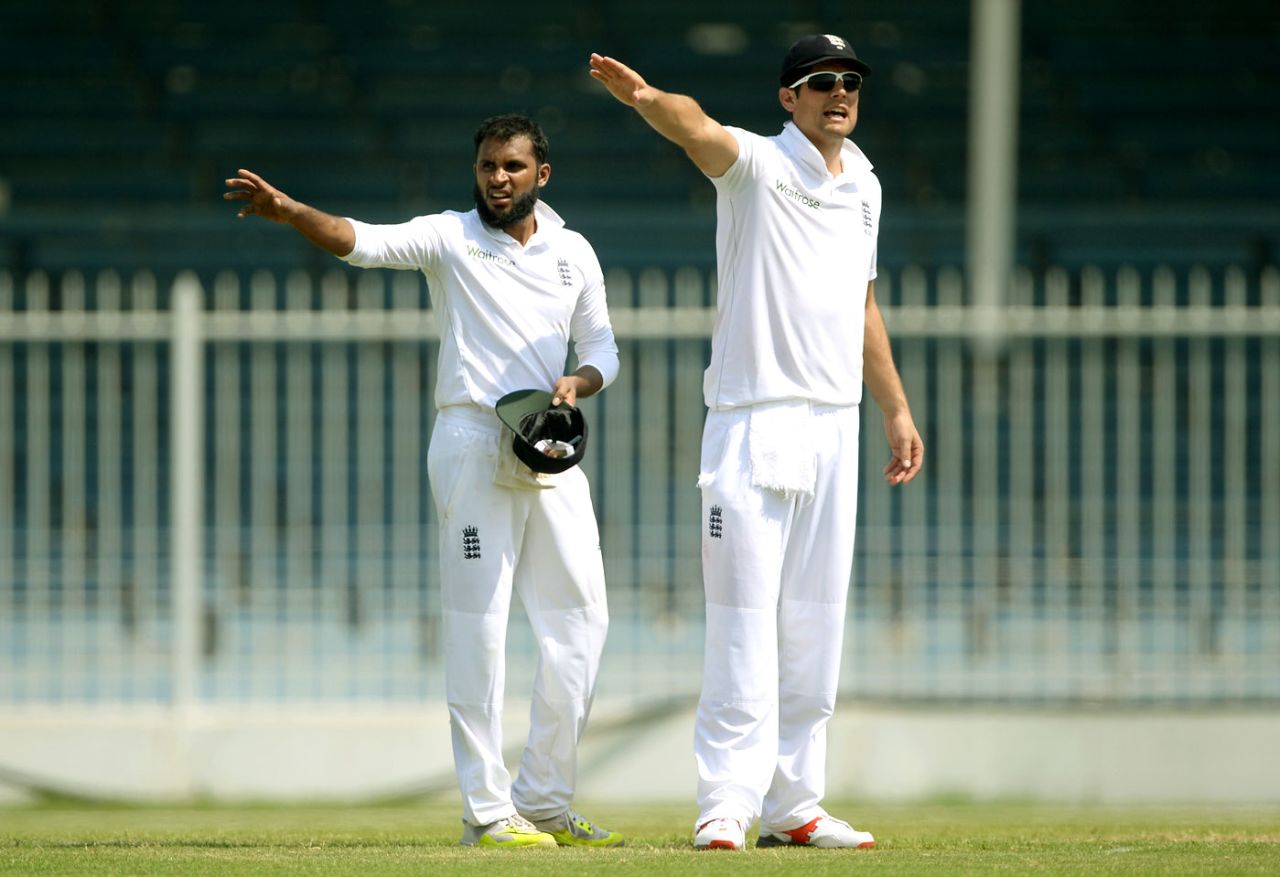 Adil Rashid and Alastair Cook set the field, Pakistan A v England XI, Sharjah, 2nd day, October 6, 2015