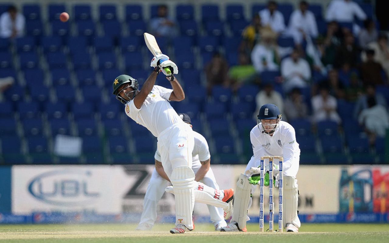 Asad Shafiq drives down the ground during his century, Pakistan v England, 1st Test, Abu Dhabi, 2nd day, October 14, 2015