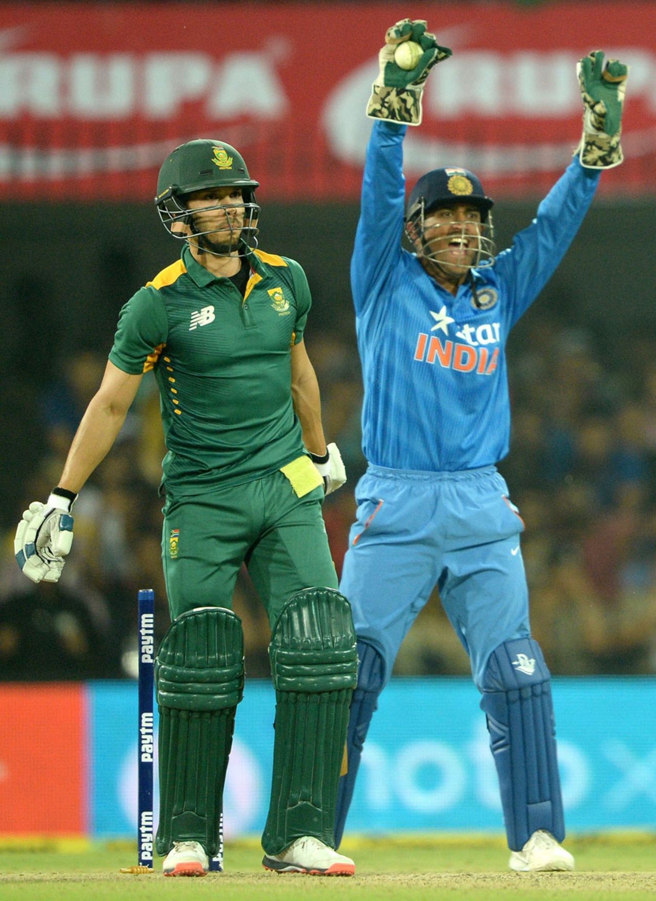 Farhaan Behardien watches on as he was given out caught behind, India v South Africa, 2nd ODI, Indore, October 14, 2015
