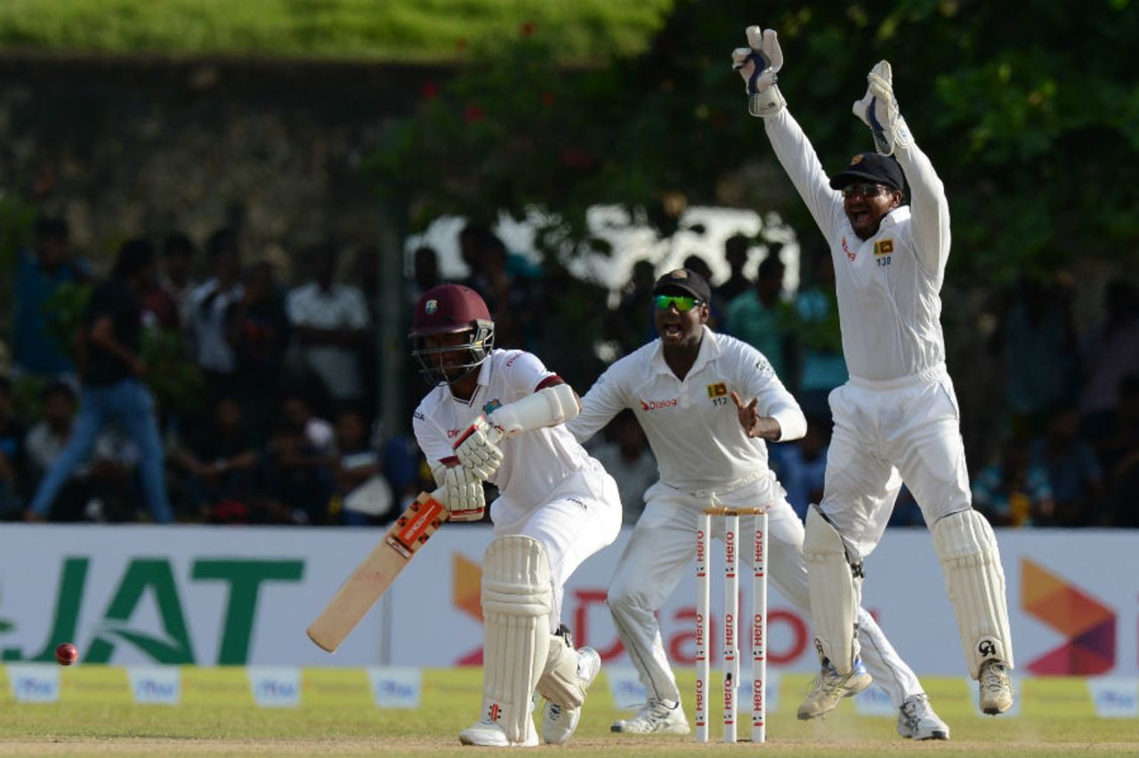 Kusal Perera and Angelo Mathews unsuccessfully appeal for an lbw, Sri Lanka v West Indies, 1st Test, Galle, 2nd day, October 15, 2015