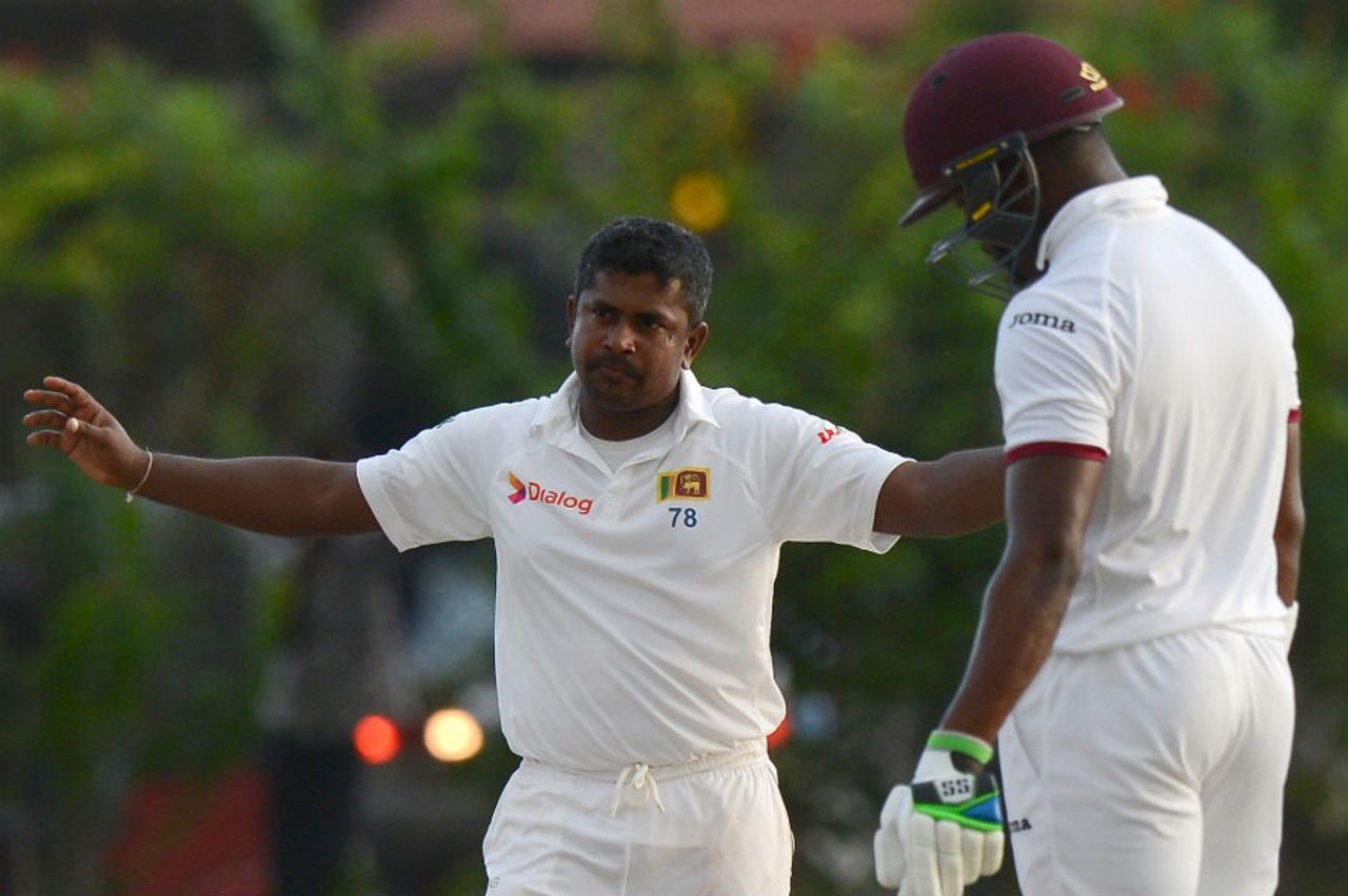 Rangana Herath celebrates the wicket of Shai Hope, Sri Lanka v West Indies, 1st Test, Galle, 2nd day, October 15, 2015
