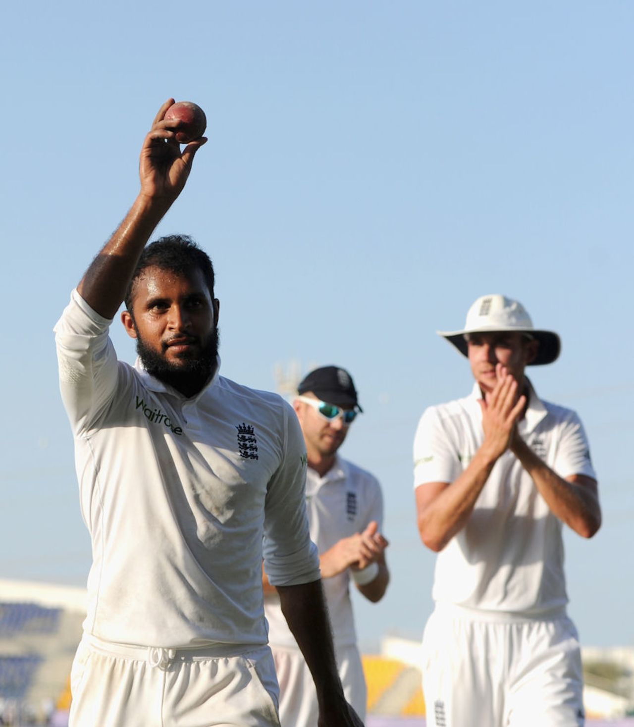 Adil Rashid brandishes the ball to mark his five-wicket haul on debut, Pakistan v England, 1st Test, Abu Dhabi, 5th day, October 1, 2015