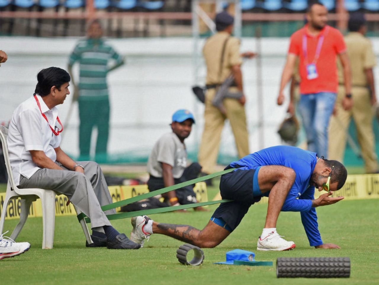 Wonder what happened to that chair: Shikhar Dhawan stretches during training, Rajkot, October 17, 2015