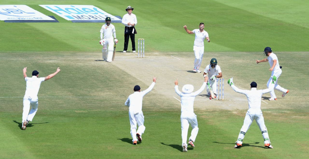 Pakistan's opener Shan Masood plays onto his own stumps, Pakistan v England, 1st Test, Abu Dhabi, 5th day, October 1, 2015
