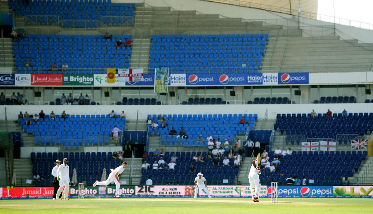 James Anderson bowls in a virtually empty Sheikh Zayed Stadium in Abu Dhabi, Pakistan v England, 1st Test, Abu Dhabi, 2nd day, October 14, 2015