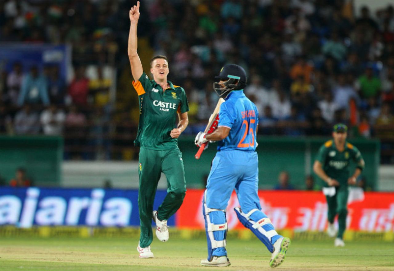 Morne Morkel celebrates Shikhar Dhawan's wicket, India v South Africa, 3rd ODI, Rajkot, October 18, 2015