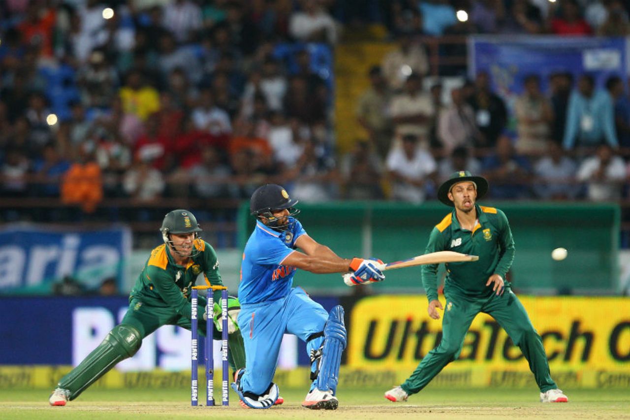 Rohit Sharma gets down to pull, India v South Africa, 3rd ODI, Rajkot, October 18, 2015