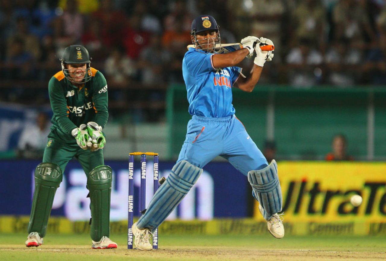 MS Dhoni slaps one through the off side, India v South Africa, 3rd ODI, Rajkot, October 18, 2015