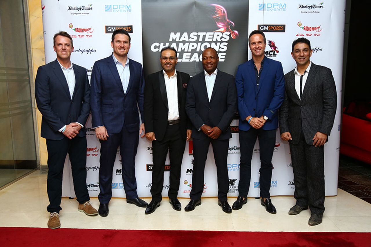 Graeme Swann, Graeme Smith, Virender Sehwag, Brian Lara, Michael Vaughan and Azhar Mahmood at a MCL promotional event, Dubai, October 19, 2015