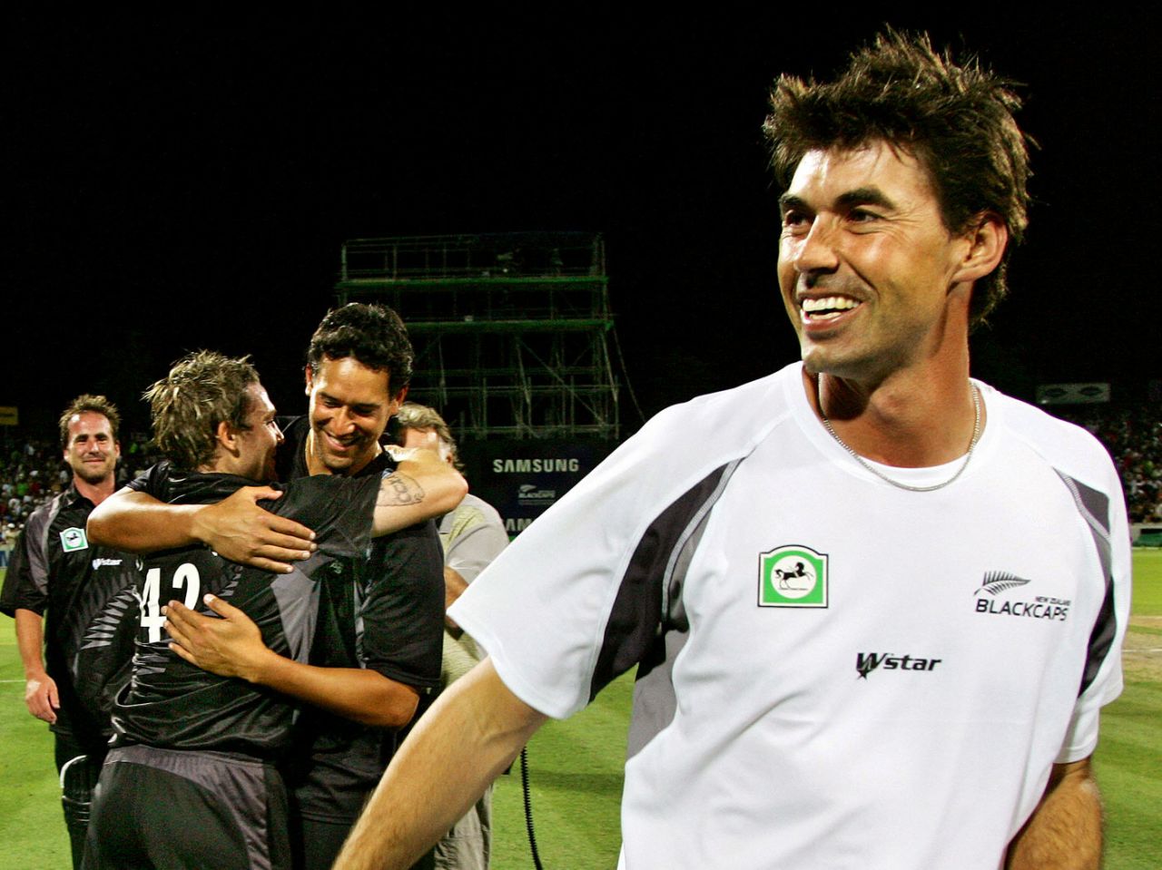 Stephen Fleming leads the celebrations for New Zealand after their brilliant 3-0 victory over Australia, New Zealand v Australia, Chappell-Hadlee Trophy, 3rd match, Hamilton, February 20, 2007