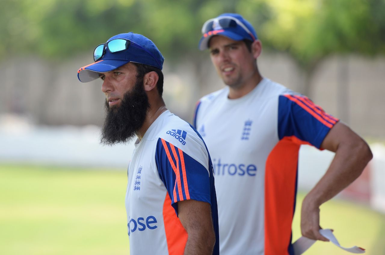 Moeen Ali and Alastair Cook during a nets session, Dubai, October 20, 2015