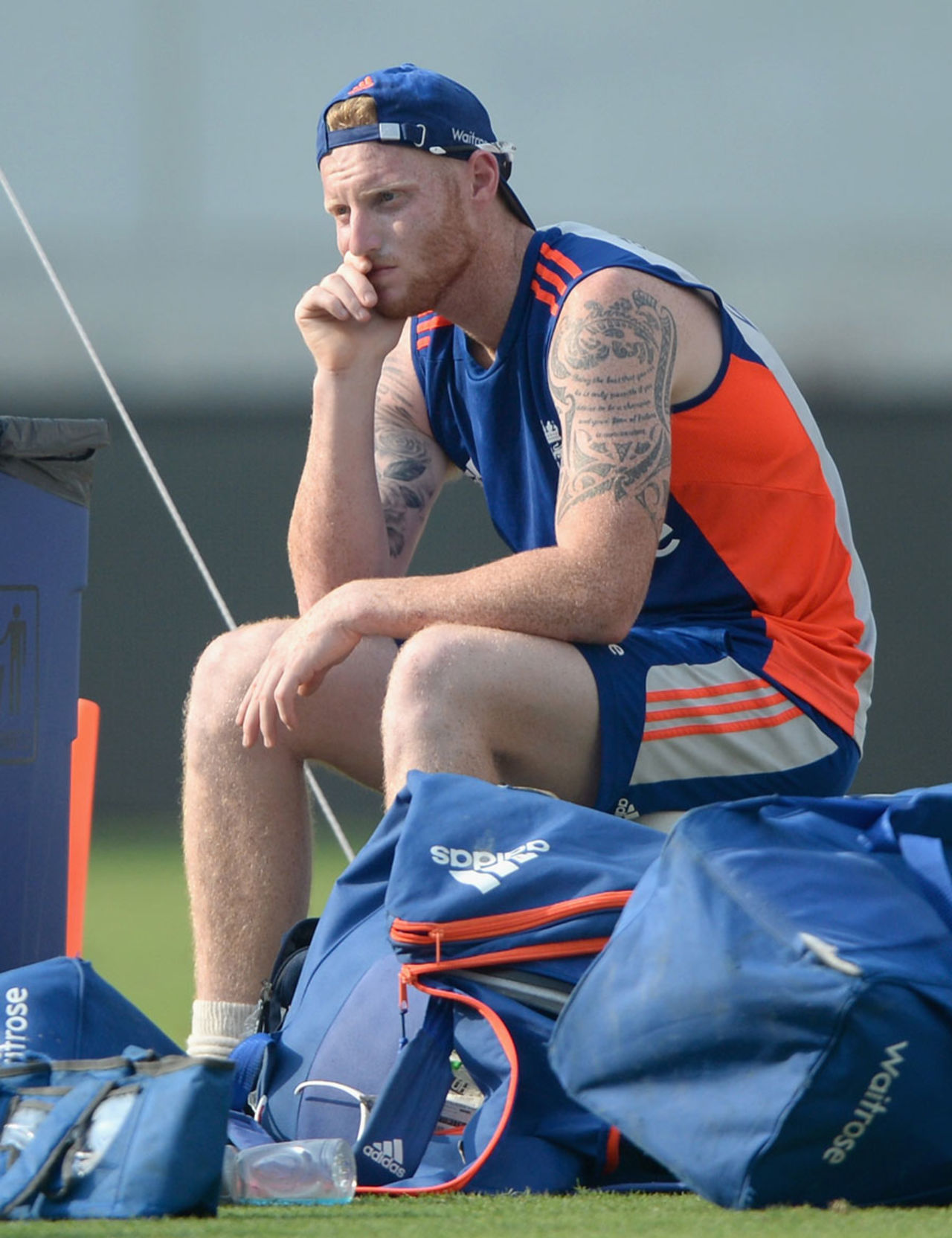 Ben Stokes takes a break during England training, Dubai, October 21, 2015