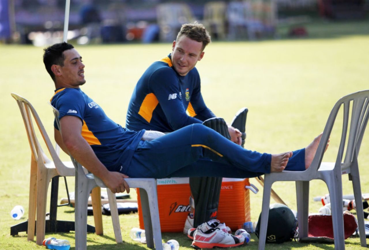 Quinton de Kock and David Miller take a break during a practice session, Chennai, October 21, 2015