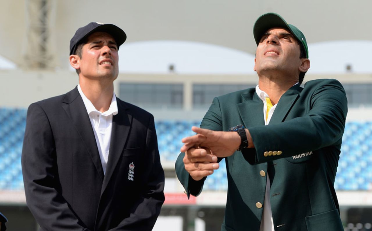 Alastair Cook looks on as Misbah-ul-Haq tosses the coin, Pakistan v England, 2nd Test, Dubai, 1st day, October 22, 2015
