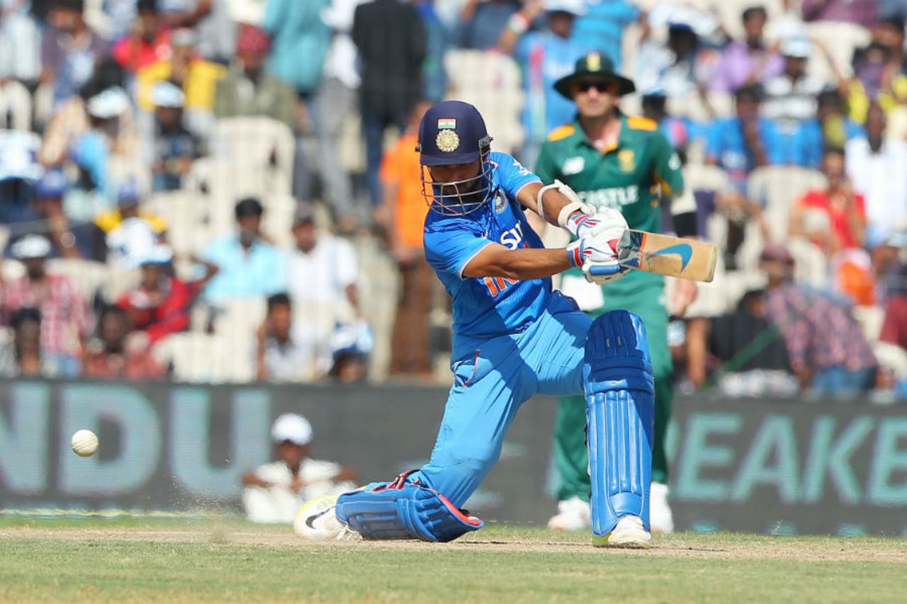 Ajinkya Rahane drives through cover, India v South Africa, 4th ODI, Chennai, October 22, 2015