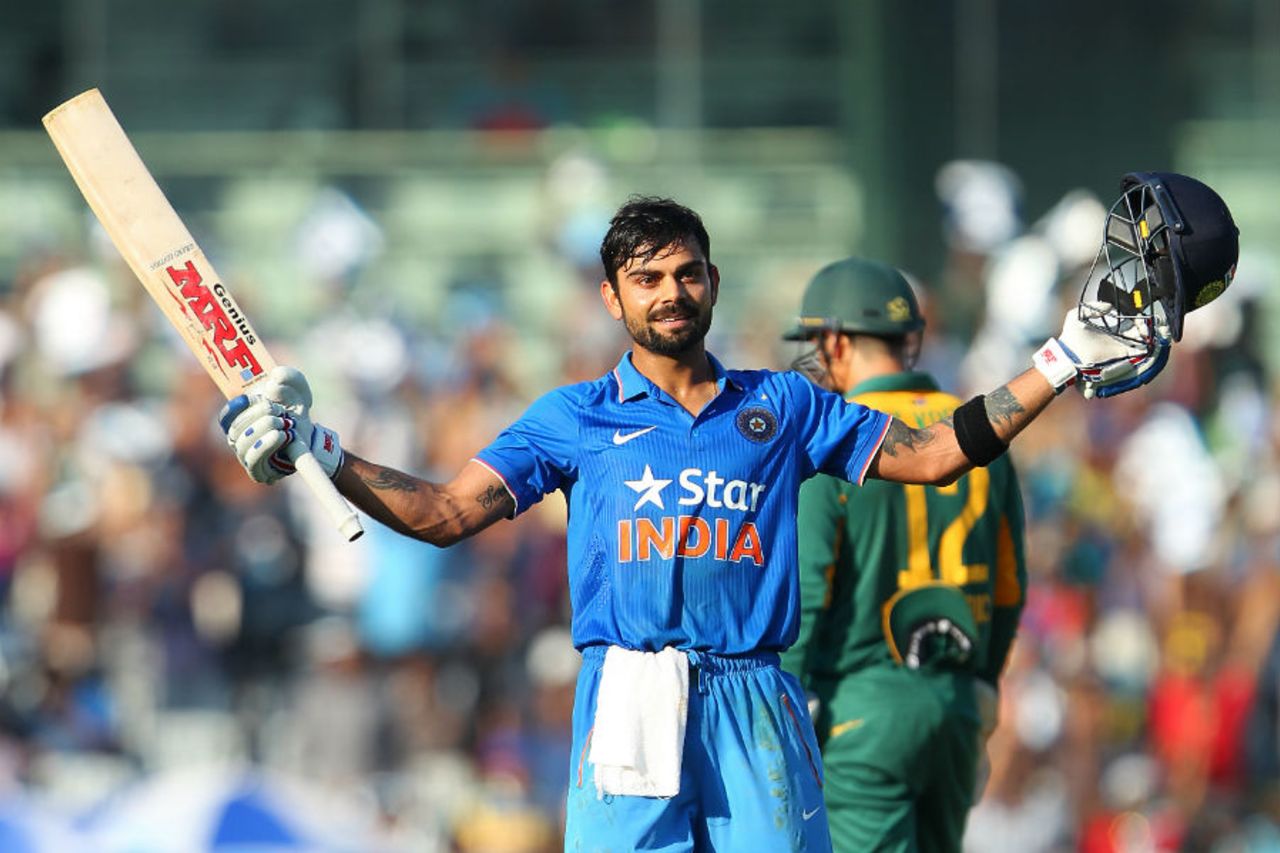 Virat Kohli celebrates his hundred, India v South Africa, 4th ODI, Chennai, October 22, 2015