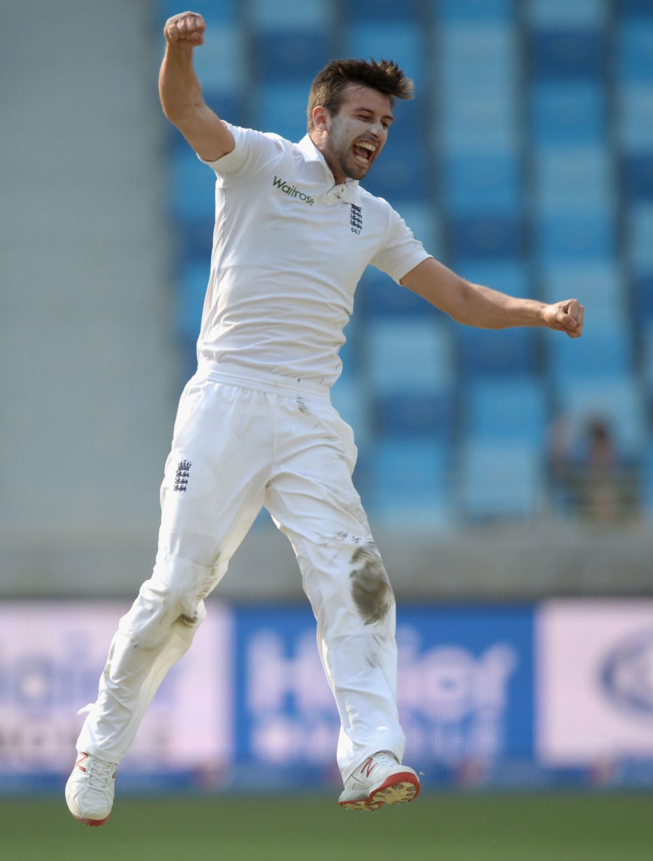 Mark Wood celebrates with typical vigour, Pakistan v England, 2nd Test, Dubai, 1st day, October 22, 2015