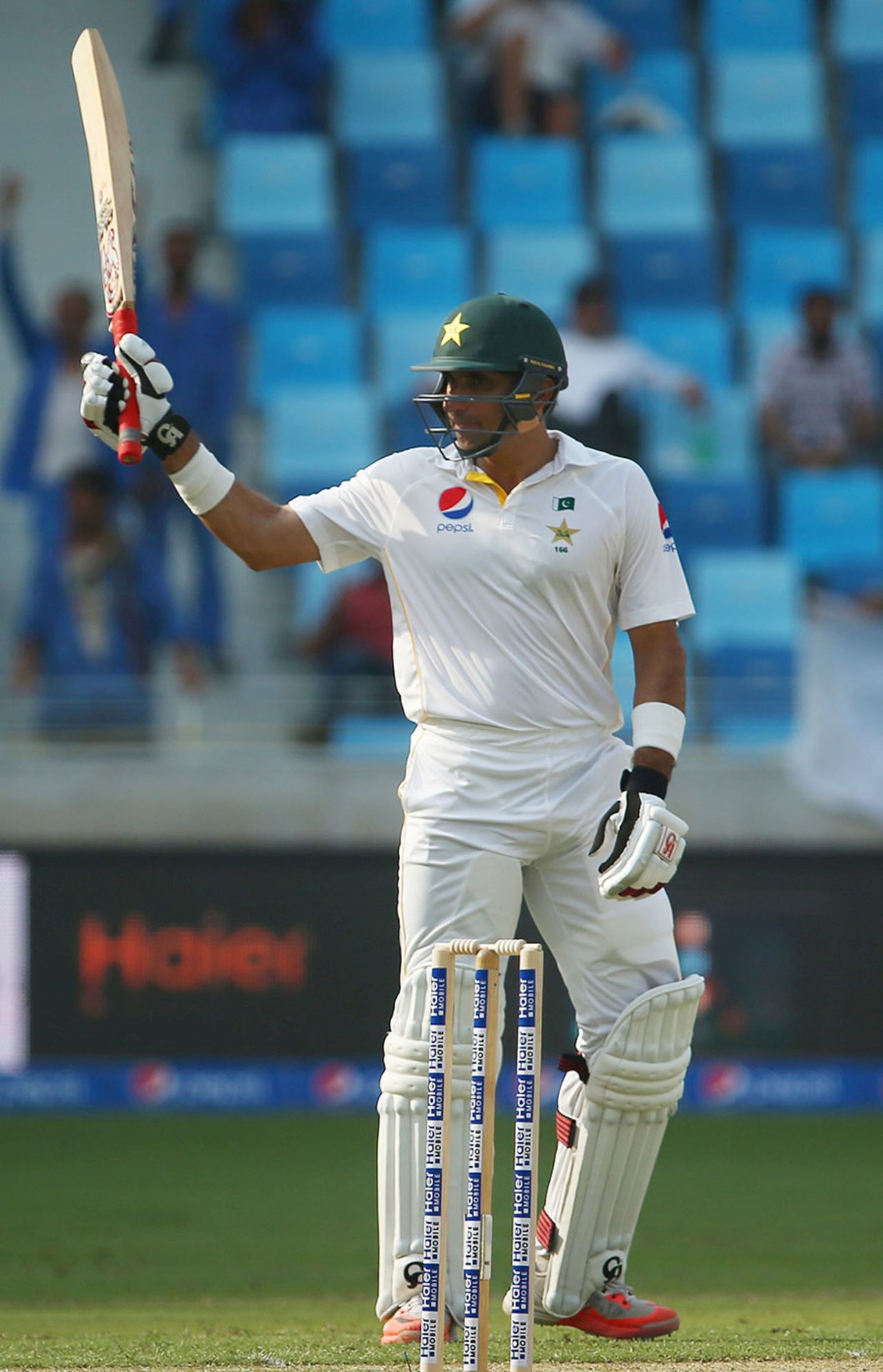Misbah-ul-Haq celebrates his half-century, Pakistan v England, 2nd Test, Dubai, 1st day, October 22, 2015