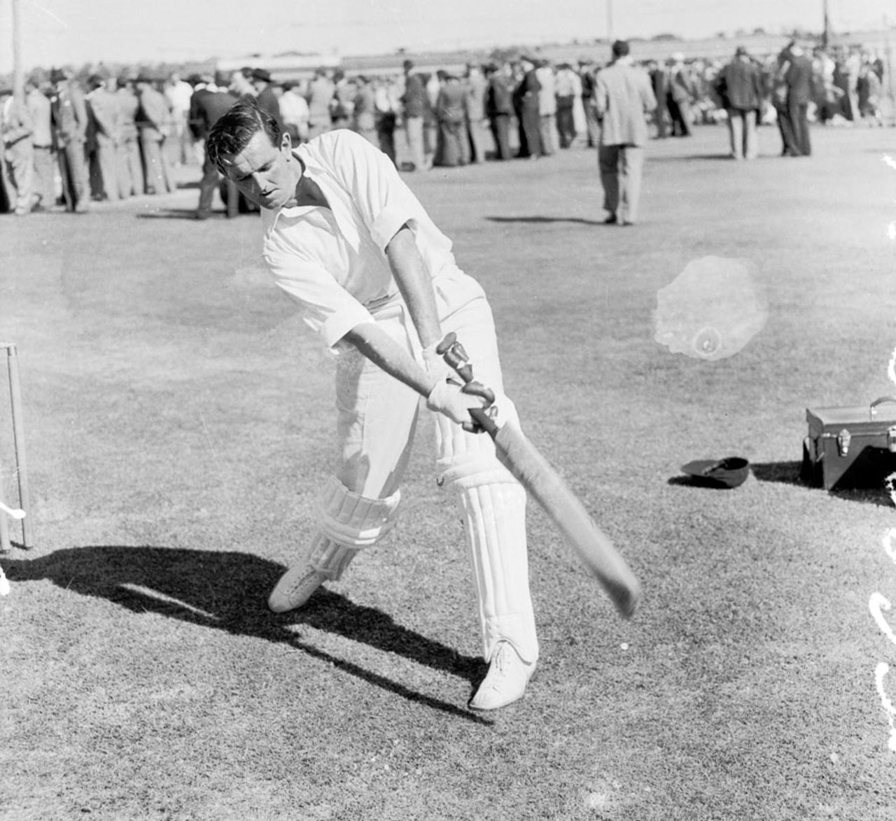Tom Graveney practises his batting at the nets, Perth, October 11, 1954
