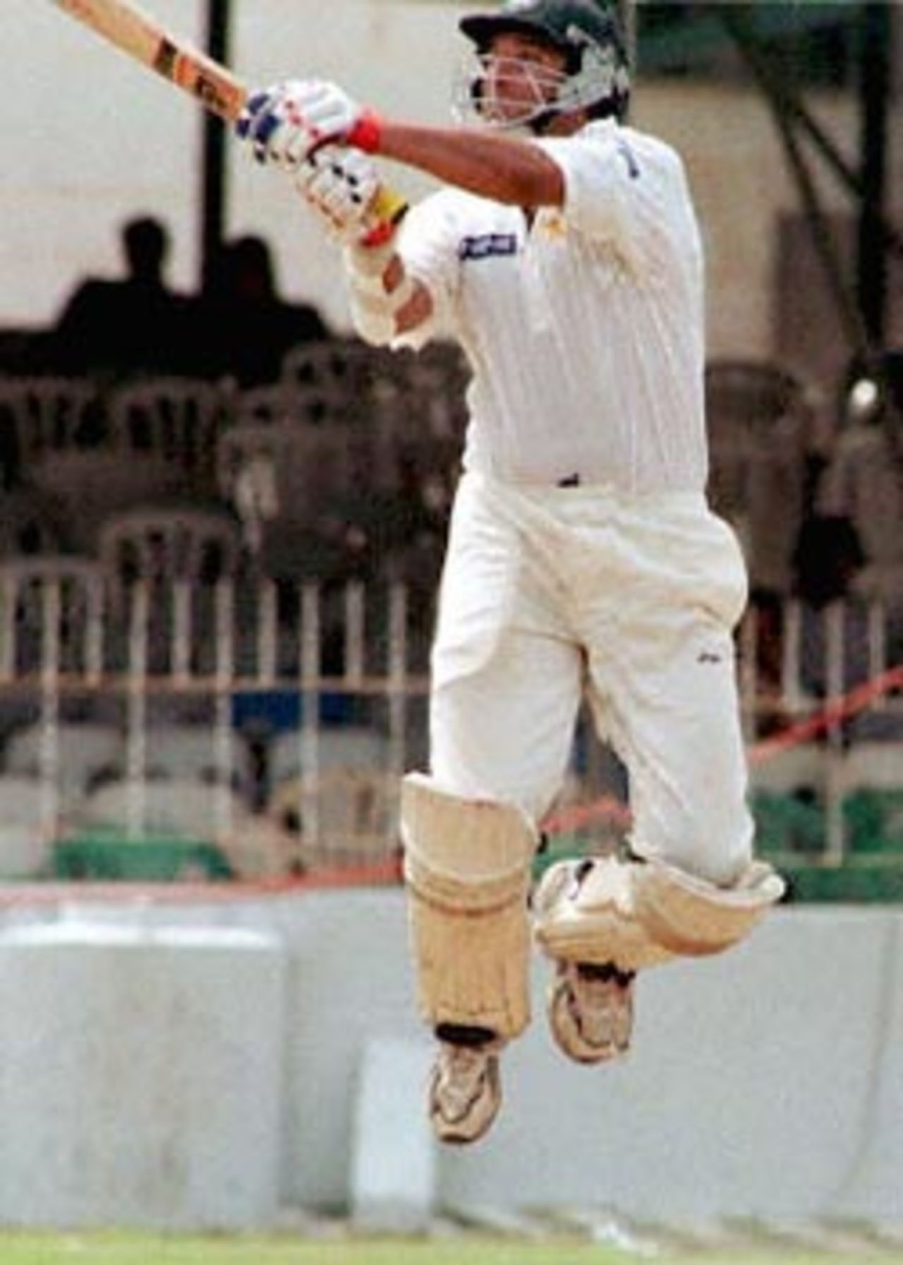 Pakistan's Wasim Akran on his way to score 78 and bring his team's score to 266 in reply to Sri Lanka's 273 in the first innings of their first test. He also took the 400th Test wicket in his career by dismissing Sri Lanka's Russel Arnold for one in Sri Lanka's second innings. Akram joined the world elite of 400 test wicket takers on the third day of the first test against Sri Lanka. Pakistan in Sri Lanka, 1999/00, 1st Test, Sri Lanka v Pakistan, Sinhalese Sports Club Ground, Colombo, 14-18 June 2000 (Day 3).