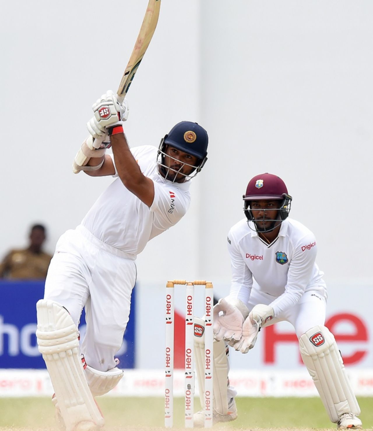 Milinda Siriwardana launches into a big shot, Sri Lanka v West Indies, 2nd Test, Colombo, 3rd day, October 24, 2015