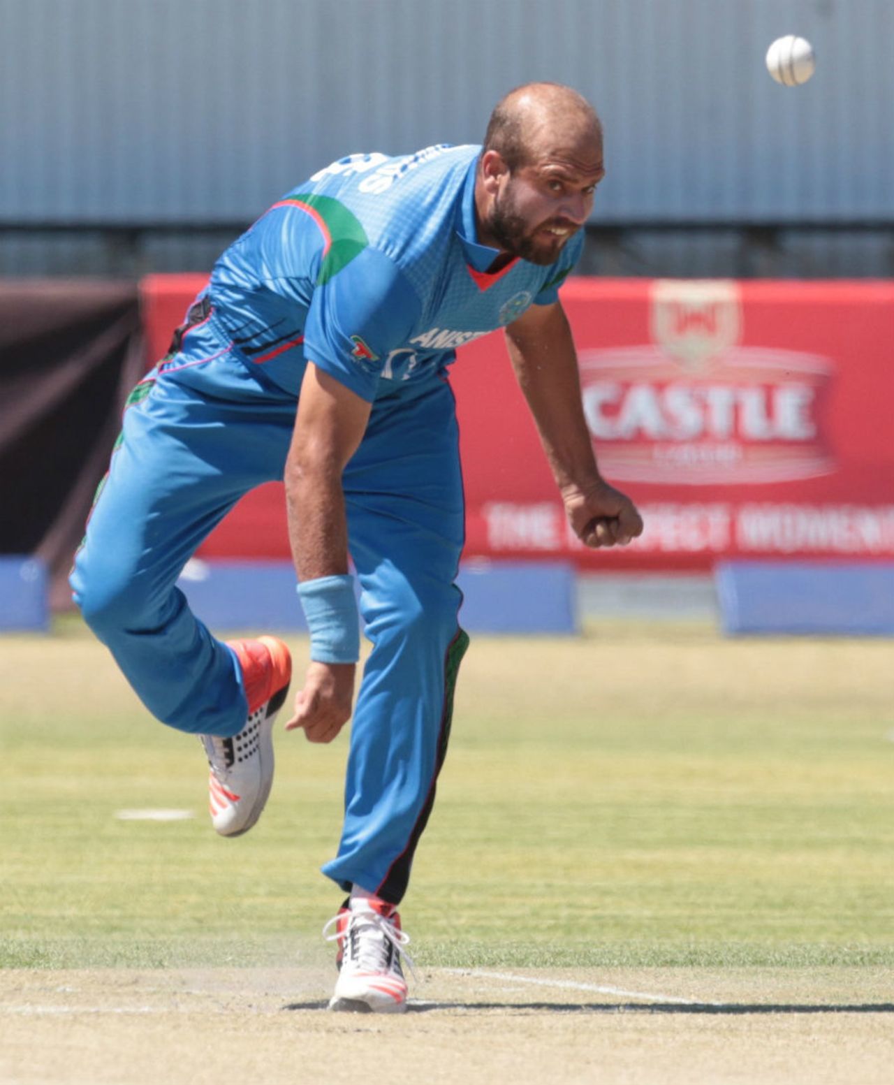 Mirwais Ashraf sends one down, Zimbabwe v Afghanistan, 5th ODI, Bulawayo, October 24, 2015