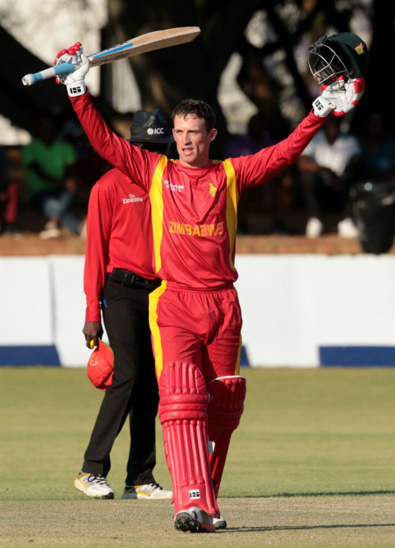 Sean Williams raises the bat after making his maiden ODI ton, Zimbabwe v Afghanistan, 5th ODI, Bulawayo, October 24, 2015