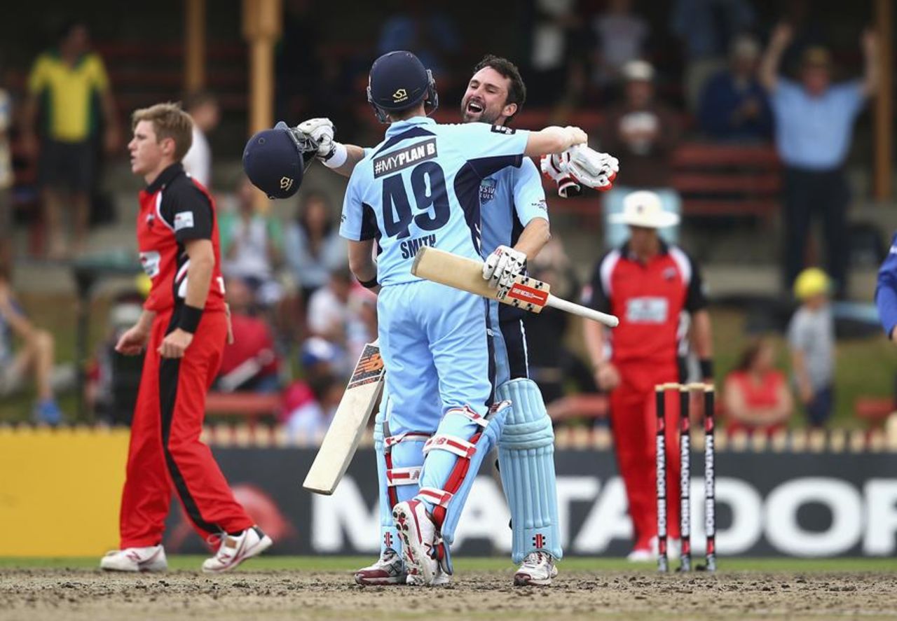 Ed Cowan and Steven Smith celebrate after winning the final, New South Wales v South Australia, Matador Cup final, Sydney, October 25, 2015
