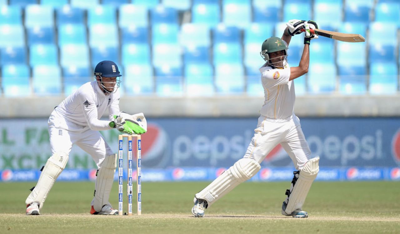 Younis Khan drives during his second-innings hundred, Pakistan v England, 2nd Test, Dubai, 4th day, October 25, 2015