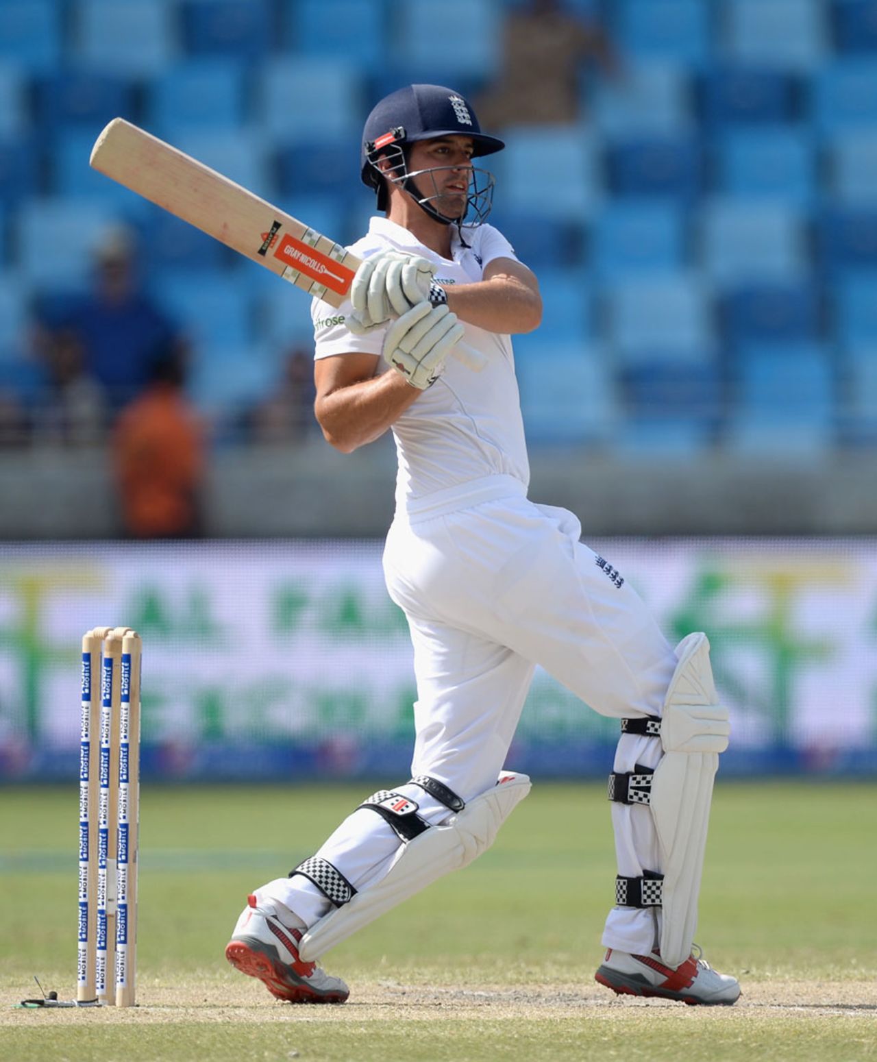 Alastair Cook pulls during his second-innings 10, Pakistan v England, 2nd Test, Dubai, 4th day, October 25, 2015