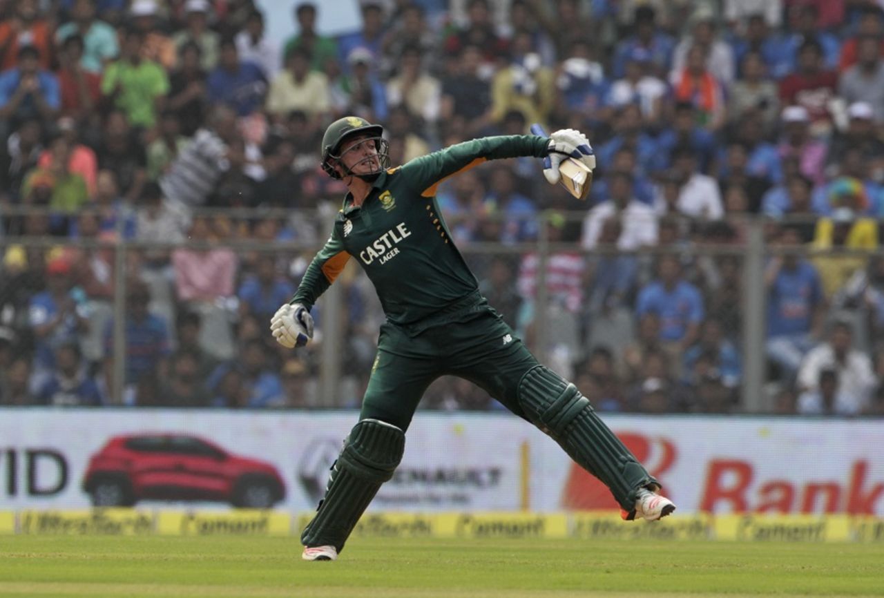Quinton de Kock is pumped after reaching a century, India v South Africa, 5th ODI, Mumbai, October 25, 2015