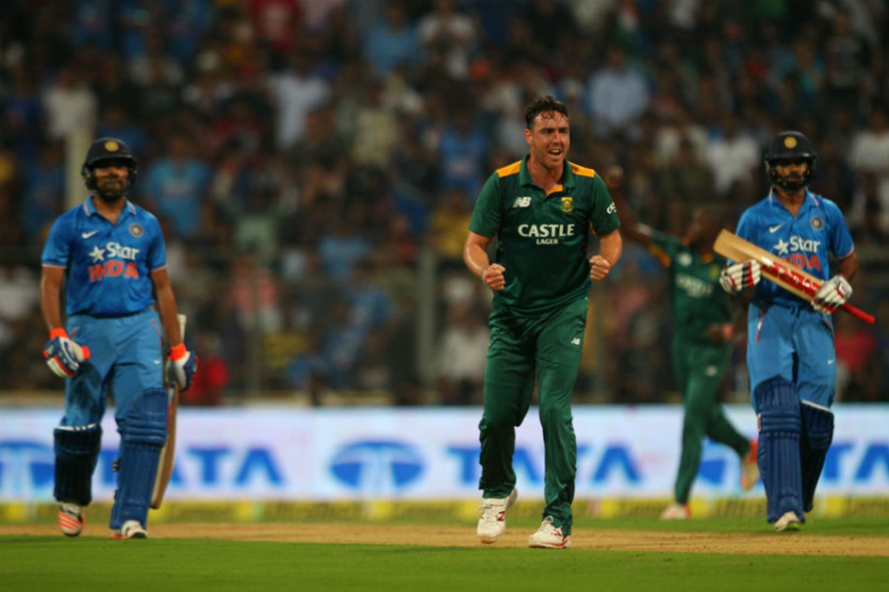 Kyle Abbott celebrates after Rohit Sharma holed out at third man, India v South Africa, 5th ODI, Mumbai, October 25, 2015