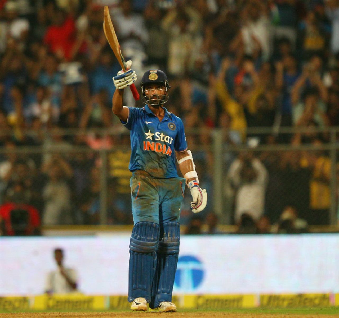 Ajinkya Rahane raises his bat after reaching his half-century, India v South Africa, 5th ODI, Mumbai, October 25, 2015