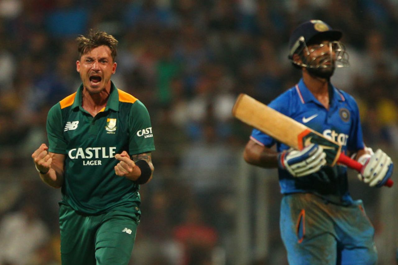 Dale Steyn is pumped after claiming the wicket of Ajinkya Rahane, India v South Africa, 5th ODI, Mumbai, October 25, 2015