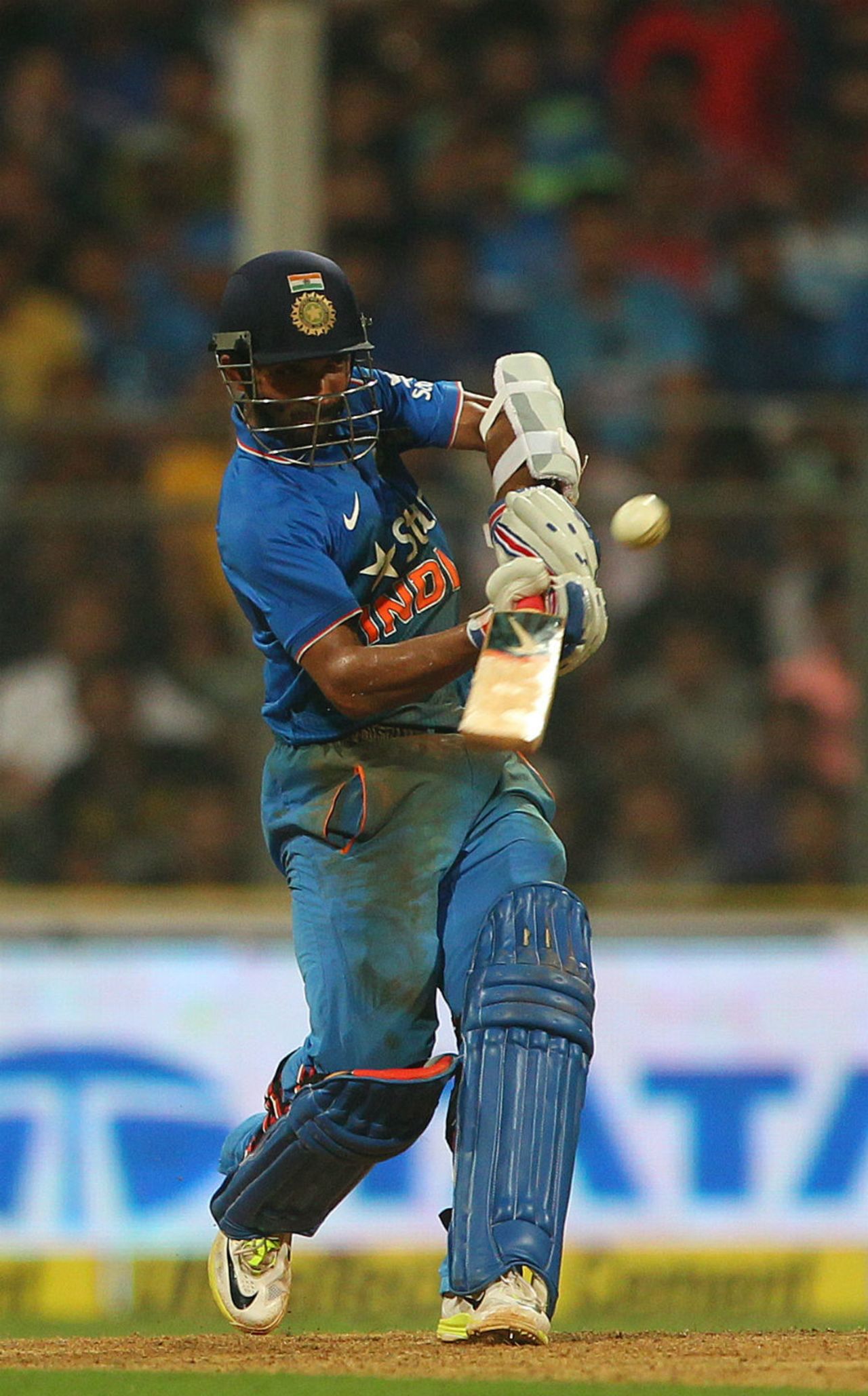 Ajinkya Rahane launches one into the leg side during his 87, India v South Africa, 5th ODI, Mumbai, October 25, 2015