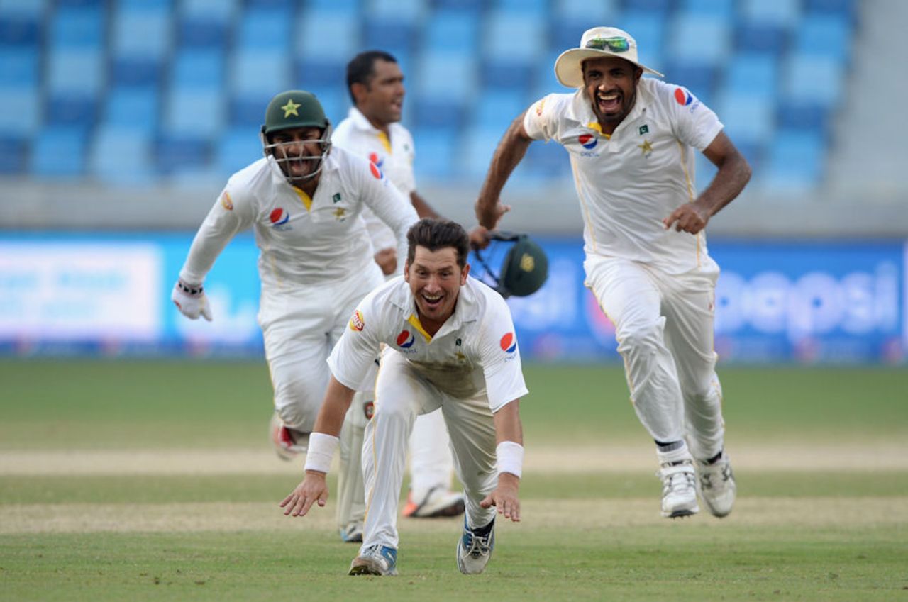 Yasir Shah celebrates after taking the final England wicket in Dubai, Pakistan v England, 2nd Test, Dubai, 5th day, October 26, 2015