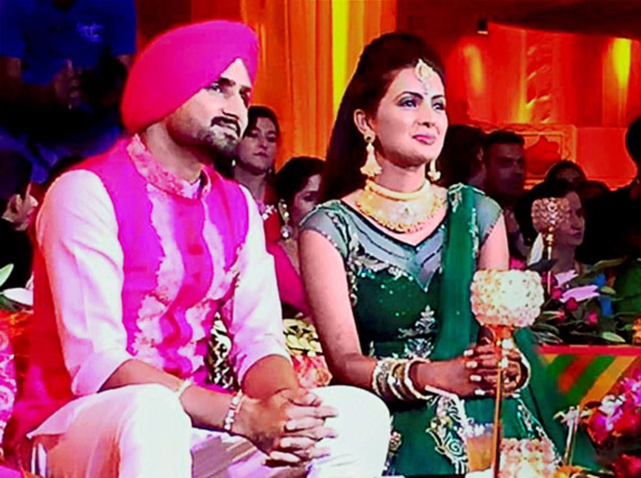 Harbhajan Singh with his wife-to-be, actor Geeta Basra, at a pre-wedding ceremony, Jalandhar, October 27, 2015