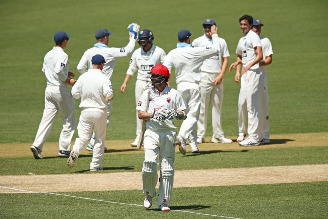 Mitchell Starc celebrates a wicket, South Australia v New South Wales, Sheffield Shield, Adelaide, 2nd day, October 29, 2015