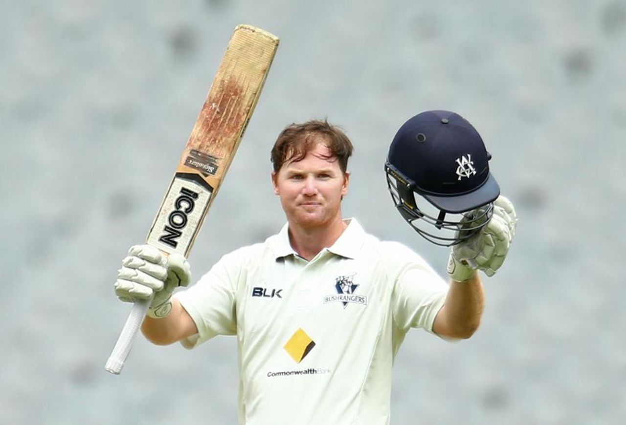 Travis Dean celebrates his century on debut, Victoria v Queensland, Sheffield Shield, Melbourne, 3rd day, October 30, 2015