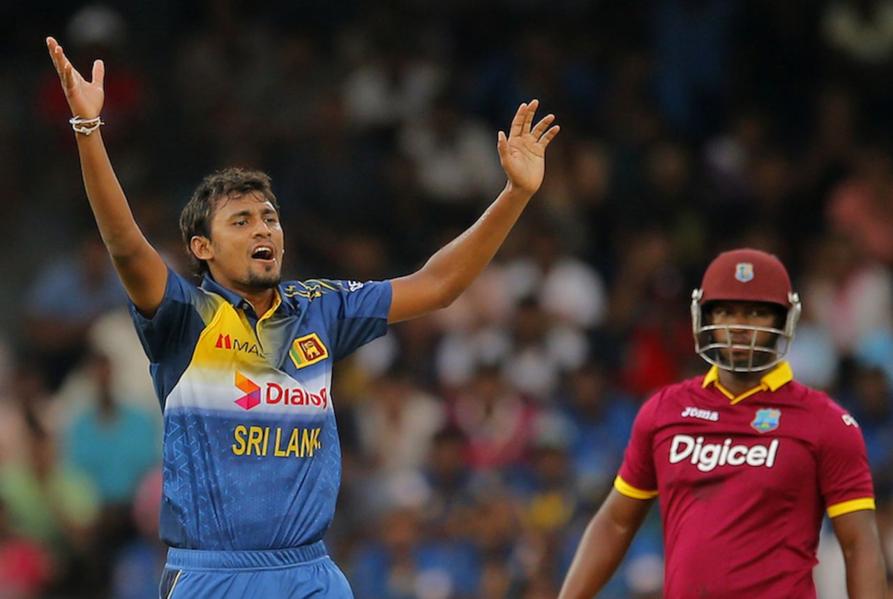 Suranga Lakmal appeals for an lbw against Johnson Charles, Sri Lanka v West Indies, 1st ODI, Colombo, November 1, 2015 