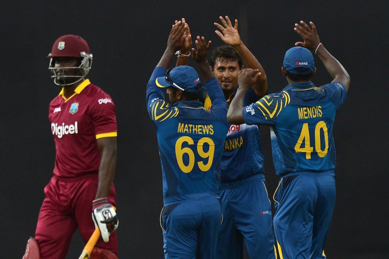 Sri Lanka celebrate Andre Fletcher's dismissal for 3, Sri Lanka v West Indies, 1st ODI, Colombo, November 1, 2015 