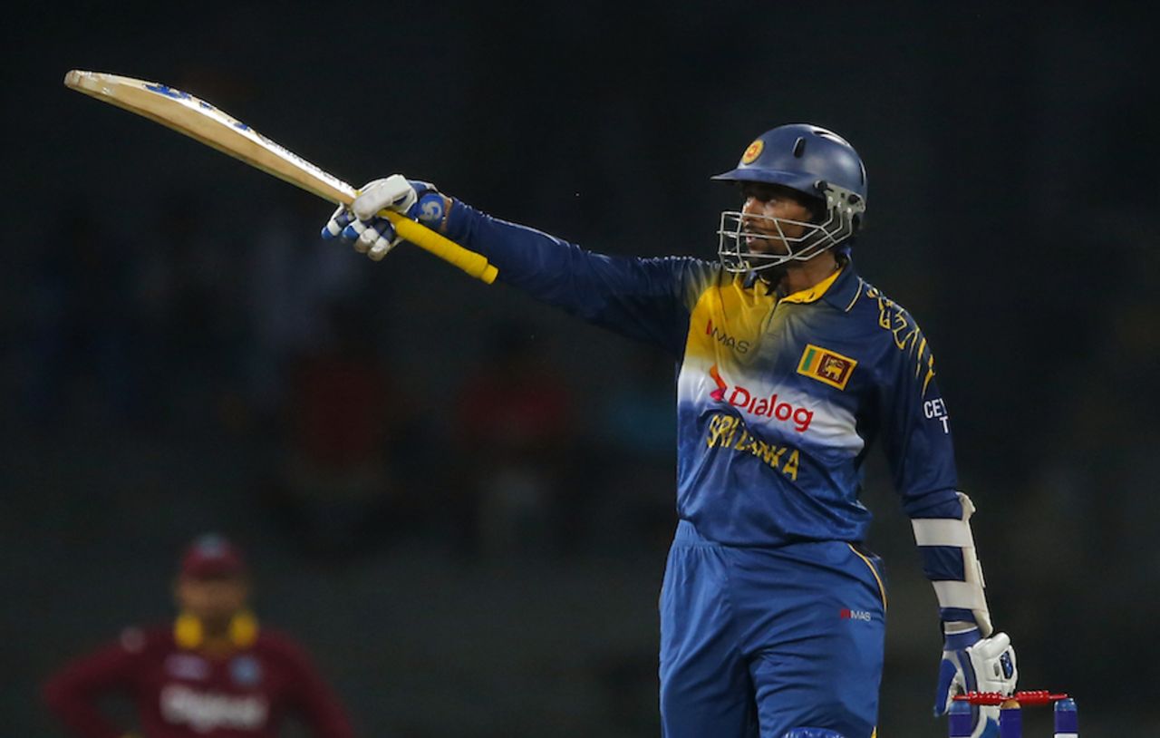 Tillakaratne Dilshan raises his bat after scoring a fifty, Sri Lanka v West Indies, 1st ODI, Colombo, November 1, 2015