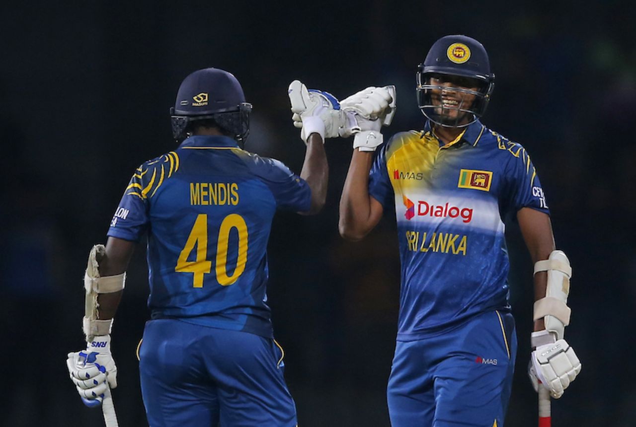 Ajantha Mendis and Suranga Lakmal celebrate Sri Lanka's narrow victory over West Indies, Sri Lanka v West Indies, 1st ODI, Colombo, November 1, 2015