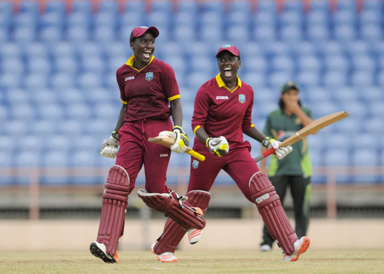 Kycia Knight and Kyshona Knight celebrate West Indies women's dramatic win, West Indies v Pakistan, 3rd Women's T20, Grenada, November 2, 2015