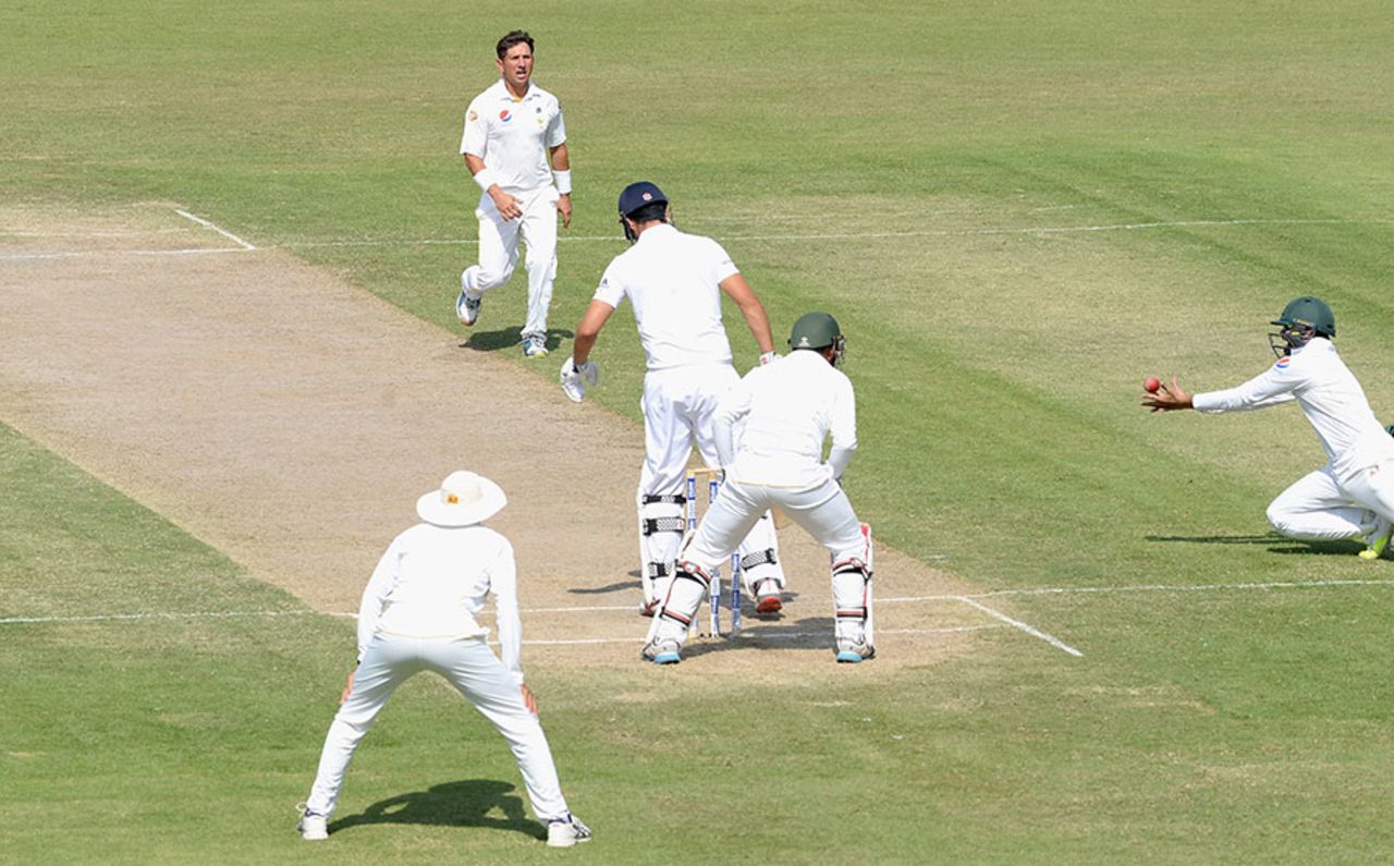 Alastair Cook fell to Yasir Shah at short leg for 49, Pakistan v England, 3rd Test, Sharjah, 2nd day, November 2, 2015