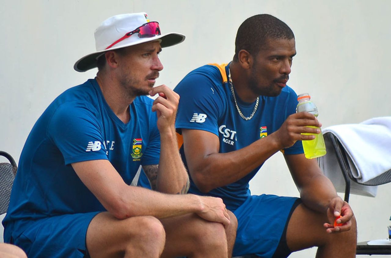 Dale Steyn and Vernon Philander take a breather during a practice session, Mohali, November 3, 2015