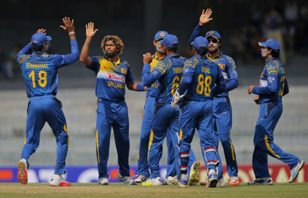 Lasith Malinga celebrates with his team-mates, Sri Lanka v West Indies, 2nd ODI, Colombo, November 4, 2015