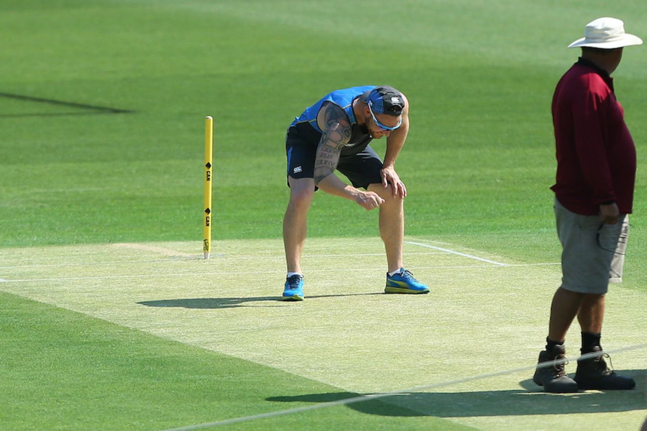 Brendon McCullum inspects the Gabba pitch, Brisbane, November 4, 2015